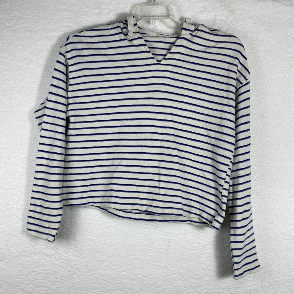 Marine Layer Women's Medium Striped Hoodie Blue White V-Neck Pullover 14261